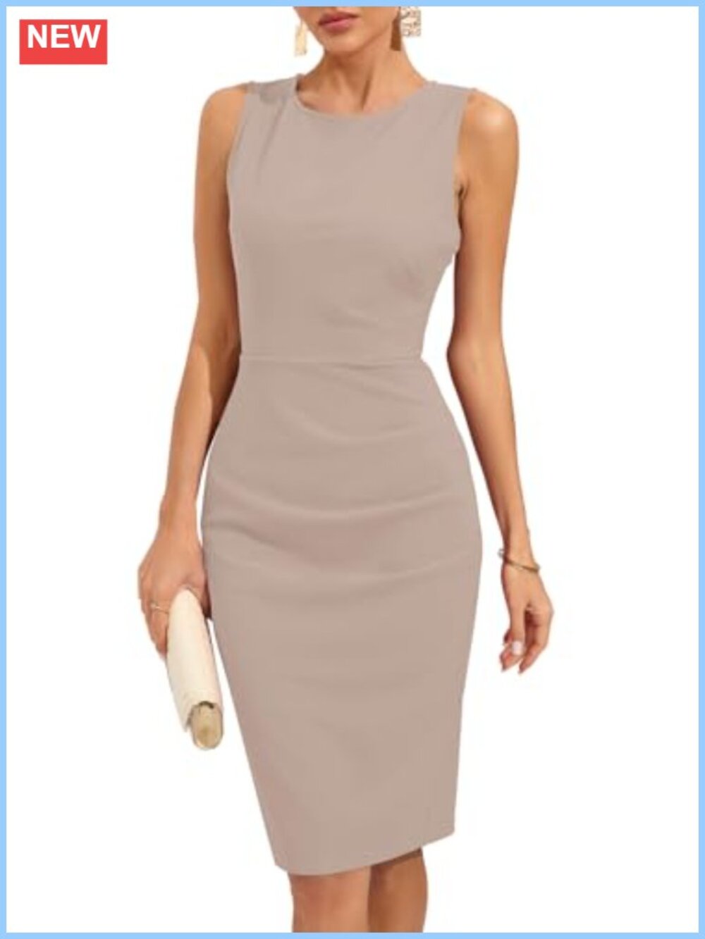 Women's Bodycon Sheath Midi Pencil Dress Sleeveless Crew Neck